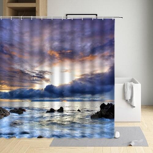 Summer Beach Shower Curtain Sailing Boat Sea Dusk Scenery Bathroom Curtains Waterproof Polyester Fabric With Hooks Washable Sets