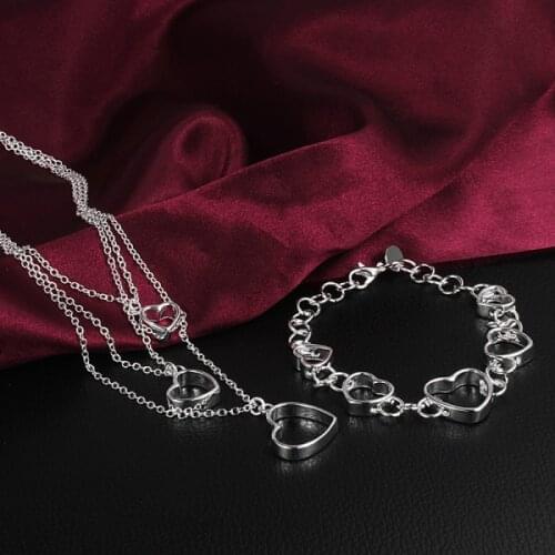 Hot charm women 925 sterling Silver fine heart bracelets neckalce Jewelry sets lady classic Fashion Party wedding Christmas Gift