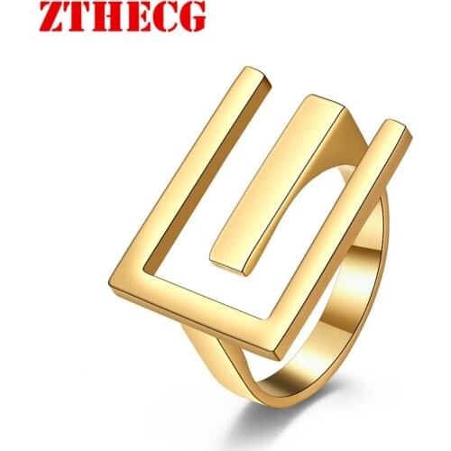 Trendy Simple E-shaped Open Stainless Steel Ring 2021 New Neutral Cold Wind Jewelry Gold Color Letter Rings for Women Gifts
