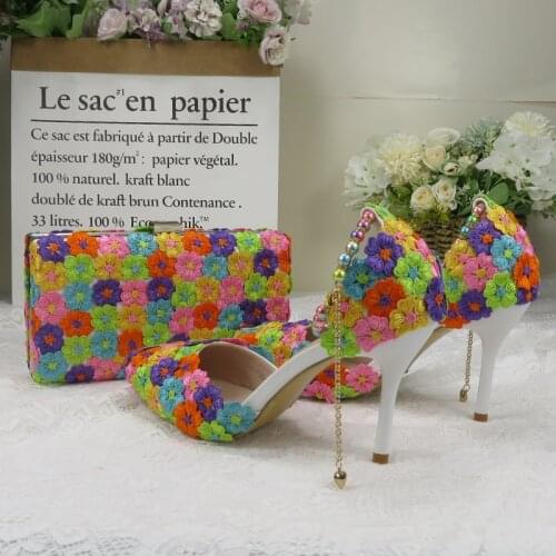 Fashion multicolored Flower Wedding Shoes With Matching Bags High Heels Pointed Toe Ankle Strap Ladies Party shoe and bag set