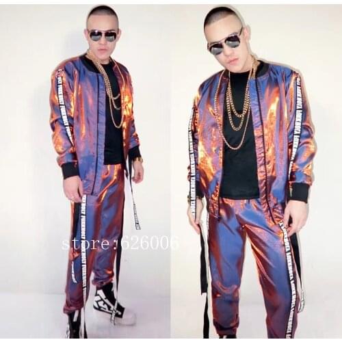 New Original design Purple colorful letters male jacket pants set Male singer GD DJ hip hop jacket party costumes