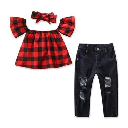Girl Clothes Baby Girl Tops T-Shirts Blouse +Denim Hole Long Pants Clothes Fashion Outfits