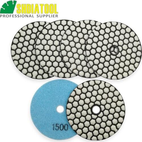 SHDIATOOL 6pcs 100mm #1500 Dry Polishing Pads Diameter 4" Resin Bond Diamond Flexible Grinding Disc For Granite Marble Ceramic