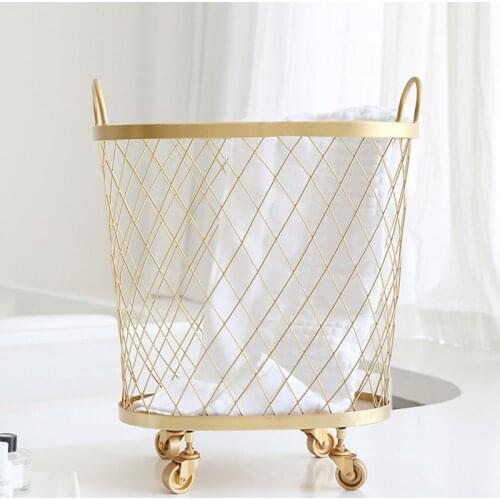 Modern Golden Fashion Metal Gold Color Dirty Clothes Storage Handle Wheel Laundry Basket Home Creative Organizer With Wheel