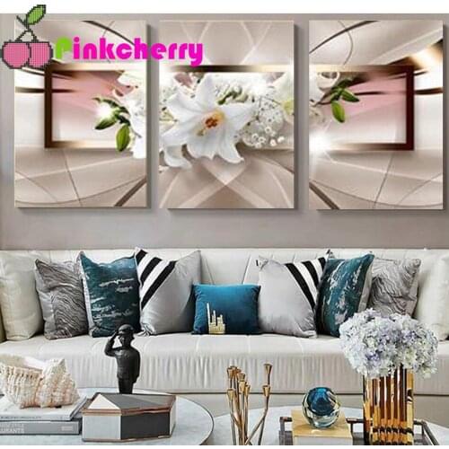 Triptych Diamond Painting 3 Pieces Wall Art Beautiful Abstract Lily Flower Full Square Round Diamond Embroidery k733