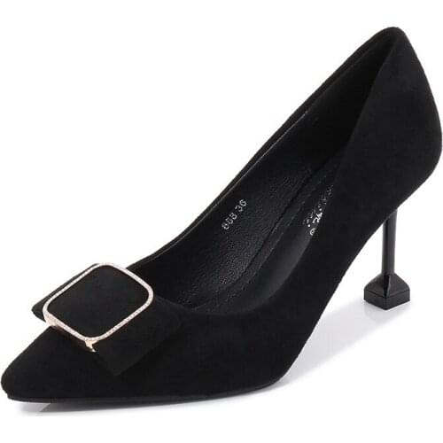 Shoes Woman Pumps Flock Slip On Thin High Heels Pointed Toe Metal decoration Shallow shoes for women women shoes 2020 size 35-42