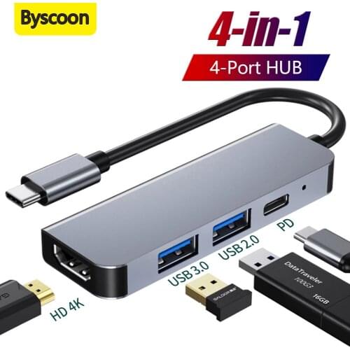 Byscoon Usb C Hub 4 In 1 4K HDMI-Compatible Adapter Type C Hub USB PD 3.0 for Laptops MacBook Pro Huawei Mate OTG Adapter