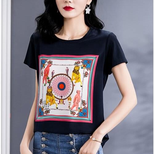 2021 Summer Women Casual Tees Tops O-neck Short Sleeve Loose Tee Shirts Real Silk Patchwork Cotton Lady Printed T-shirt Female