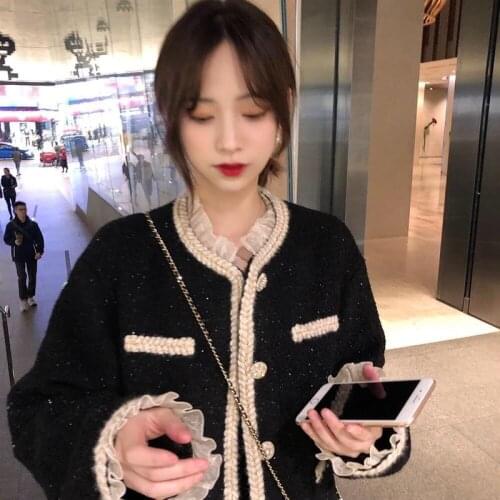 Women Jacket Autumn 2021 New Korean Fashion Lace Stitching Fake Two-piece Bright Silk Tweed Jacket Short Woolen Coat
