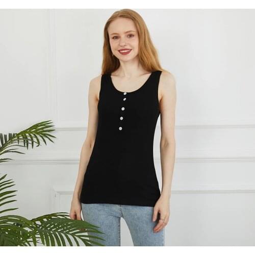 Womens Solid Color Sleeveless V-Neck Vest T-Shirt Summer Ladies Tank Tops Casual Button Cotton Pullover Vest Tops Shirt