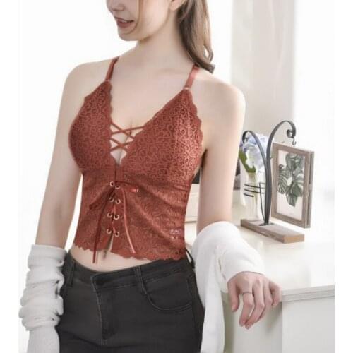 Sling Tank Tops For Women Sexy Lace-up Straps Solid Color Intimates Cami Floral Perspective Vest Female Padded Underwear