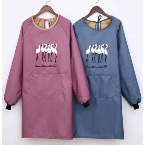 Overcoat women plus velvet thickening adult winter Korean fashion cute long-sleeved apron household kitchen work clothes custom
