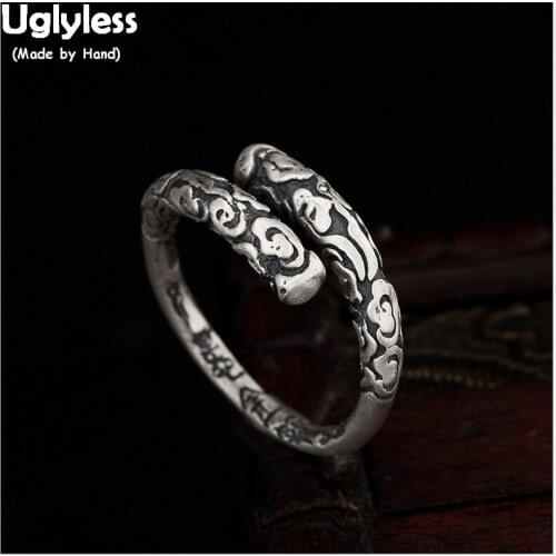 Uglyless Real S 999 Fine Silver Women Finger Rings Vintage Old Totem Patterns Opening Ring Handmade Engraved Thai Jewelry Bijoux