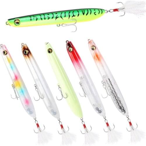 123mm 16g Tengu Floating Pencil Fishing Lure 3D Eyes Bass Pesca Artificial Wobblers Hard Bait Topwater Feathered Tail