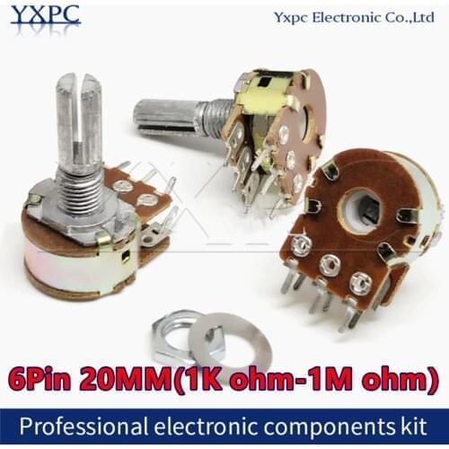2pcs WH148 6Pin 20mm B1K B2K B5K B10K B20K B50K B100K B500K Amplifier Dual Stereo Potentiometer 1K 2K 5K 10K 50K 100K 500K