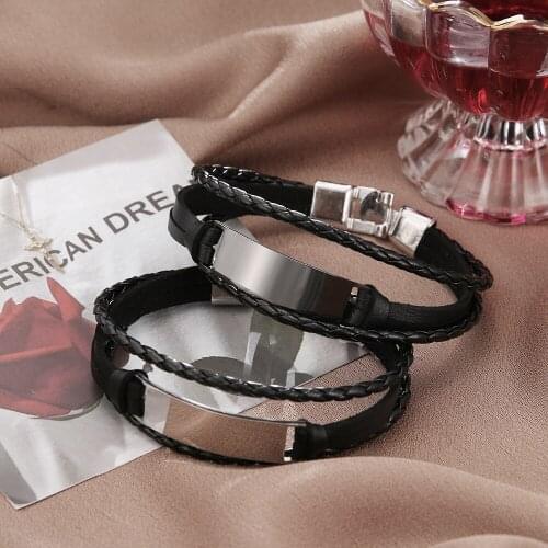 2021 Fashion Jewelry Stainless Steel Braided Leather Bracelet Charm Titanium Steel Multilayer Cuff Bracelet for Mens Pulseras