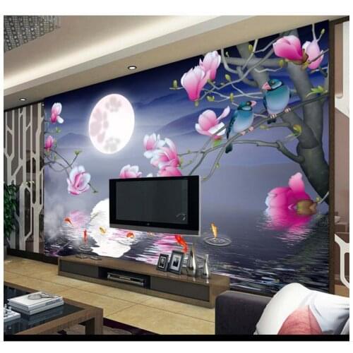 Custom 3d wallpaper 3d wall murals wallpaper TV setting wall month circle nine fish landscape background wall painting flowers