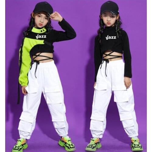 Kids Ballroom Stage Wear Hip Hop Clothing Outfits Crop Tops Cargo Danicng Pants for Girl Jazz Dance Wear Costume Clothes
