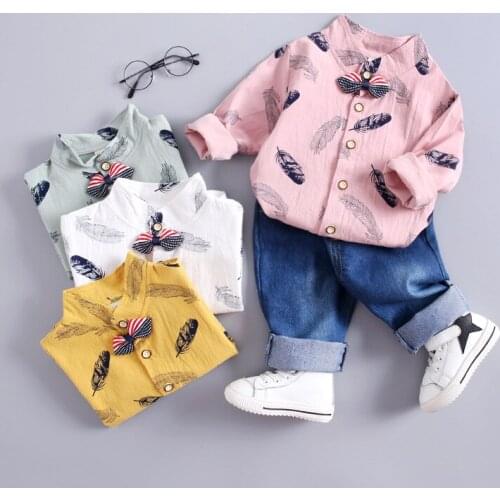 Baby clothes spring autumn childrens clothing set baby boy feather print shirt jean 2 pieces fashion casual sports suit for boy