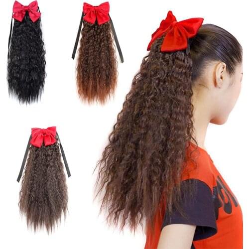 Aidaiya Afro Long Corn Curly Pony Tail Hairpieces Bowknot Drawstring Ponytails Hair Extension High Temperature Fiber Hair 60cm