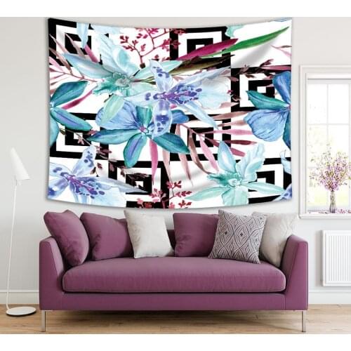 Tapestry Wildflowers Orchids Leaves Pattern on Geometric Black and White Background Watercolor Art Blue Purple Green