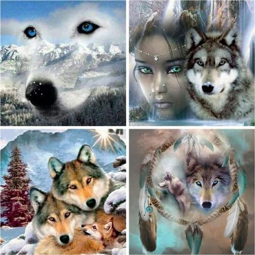 HUACAN Full Square/round Diamond Painting Wolf Room Decor Diamond Embroidery Animal Scenery Mosaic Wall Sticker