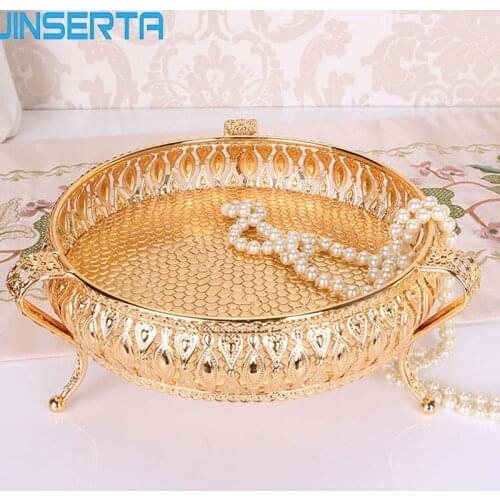 JINSERTA Metal Storage Tray Jewelry Display Plate Gold Dessert Fruit Nuts Cake Tray for Home Party Wedding Table Decoration