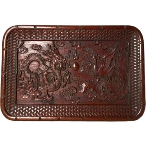 China Old Beijing Old Goods Redwood Carved Carvings 【Dragon And Phoenix】 Picture The Tea Tray Decorated Square Plate