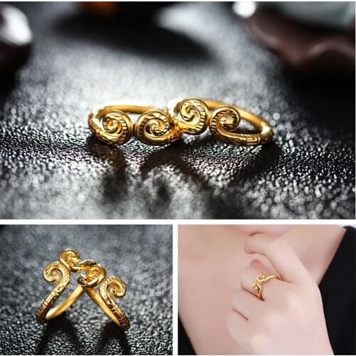 Pure 24K Yellow Gold Ring 999 Gold Carved Ring Lovers Ring