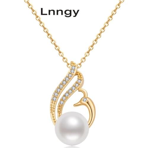 Lnngy 14K Gold Filled Chain Necklace 9-9.5mm Natural Freshwater Pearl Swan Necklace Women Anniversary Engagement Jewelry Gifts