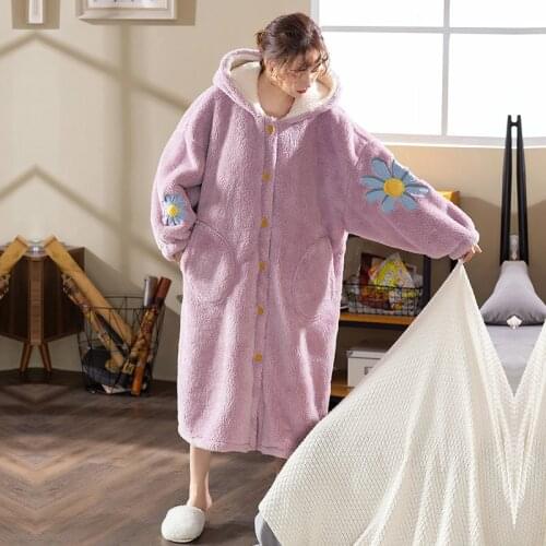 Cute Warm Coral Fleece Robes Women Mid-Length Girls Hooded Sleepwear Embroidery Flower Casual Loose Big Pockets Home Wear Dress