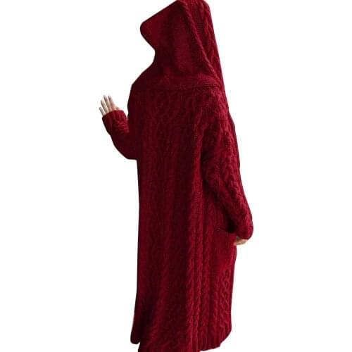 Fashionable Casual Knitted Long Outerwear With Hood Thick Long Cardigan Sweater Warm Comfortable for Women -WT