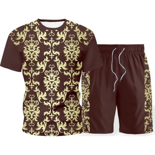 2021 summer new mens sports suit 3D printing round neck T-shirt track and field sports short sleeve trend running shorts suit