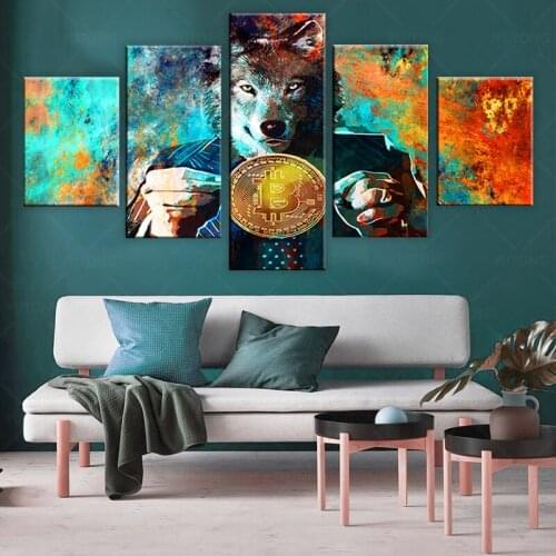 Wall Art Pictures Modular Canvas Home Decor 5 Pieces Mr. Wolf And Bitcoins Painting HD Printed Color Abstract Coin Poster Frame