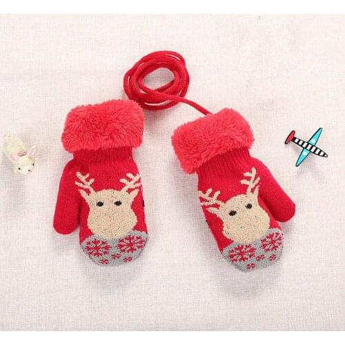 1 Pair Lovely Cartoon Lanyard Knitted Gloves Christmas Elk Thick Plush Warm Mittens Kids Boys Girl Gloves Winter Outdoor