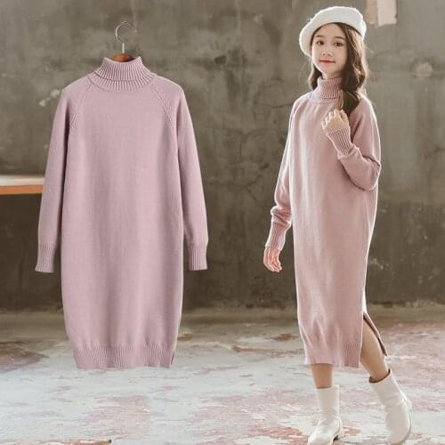10 12 years Kids Girls Sweater Dress Turtleneck Knitted Long Dress 2020 Autumn Winter Children Clothing
