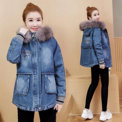 Women lambswool Plus velvet denim jacket Autumn Winter Women Korean Hooded Casual Jean Jacket Female plus size Outerwear R456