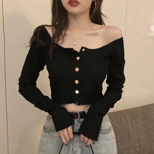 Knitted Off Shoulder Top Blouse Long Sleeve Sexy Button Up Shirt Cropped Basic Solid Color Black White Tee Shirts Women