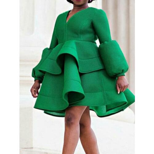 Women Dresses Party Green Long Sleeve High Waist A Line Pleat Female Christmas Spring Fashion New 2021 African Femme Plus Size