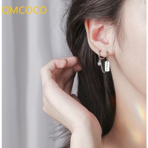 QMCOCO Punk 925 Silver Personality Design Double Ear Hole Earring Round Zircon Square Letter Pendant Earrings For Women Jewelry