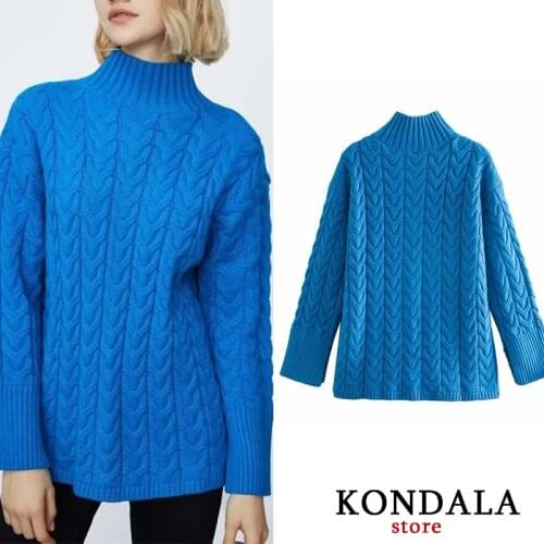 KONDALA Za Women Sweaters Turtleneck Casual Twisted Winter Thick Sweaters Mujer Long Sleeve Solid Pullovers Chic Blue Tops