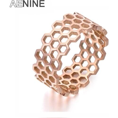 AENINE Original Design Titanium Steel Hollow Hexagonal Geometric Ring Rose Gold Color Trendy Rings Jewelry For Women AR17143