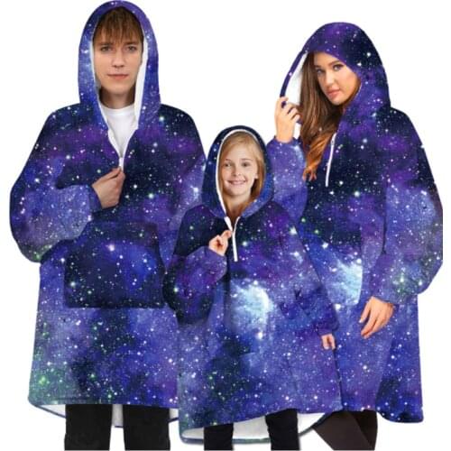 The new 2021 Star sky digital print parent-child outfit zipper silver fox fleece thickening winter warm home blanket hoodie