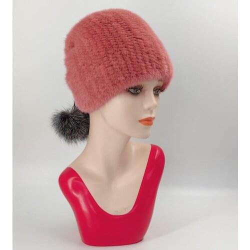 Winter Ladies Mink Fur Knit Hat Warm Fox Fur Ball Fur Hat Russian WomenS Winter Hat With Braids Hat Free Shipping