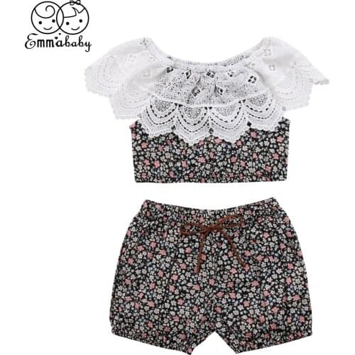 Summer New Lovely Toddler Infant Baby Girl Lace Floral Printed Ruffle Crop Tops Shorts 2Pcs Cotton Casual Outfit Sets Sunsuit