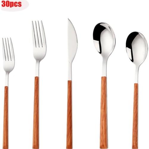 30PC Top Imitation Wooden Tableware Cutlery Set Stainless Steel Knife Fork Spoon Teaspoon Dinnerware Sets Utensils for kitchen