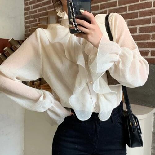 Long Sleeve Shirt Blouse Womens Solid Stand Collar Ladies Lace Tops Women Shirts Blusas Feminine Spring 2021 Women Top 228C