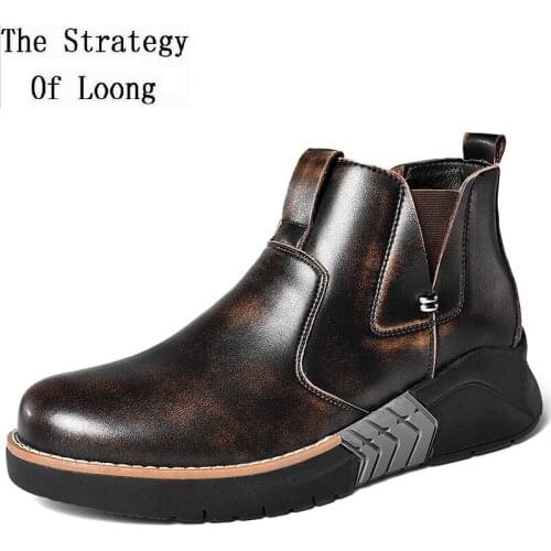 Spring Autumn Retro Men Genuine Leather Height Increasing Ankle Chelsea Boots Male Sewing Slip-On Short Motorcycle Boots 2020012