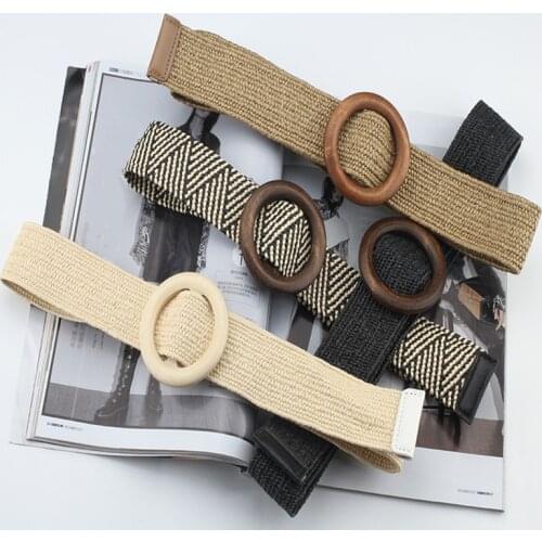 Hot Sale Vintage Boho Braided Waist Belt Summer Solid Female Belt Round Wooden Smooth Buckle Fake Straw Wide Belts for Women