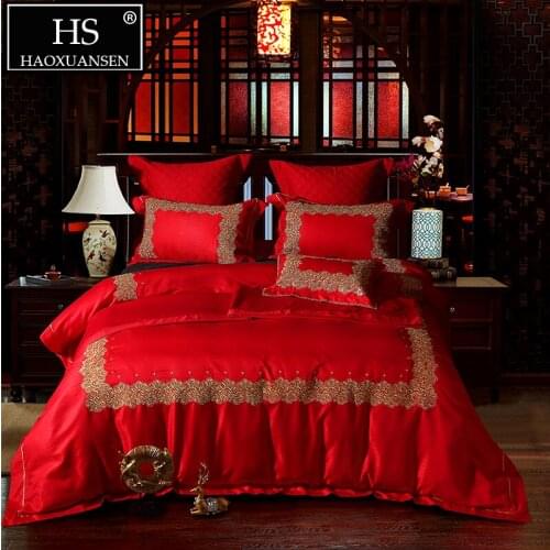 Red Cotton 4/6/7Pcs Bedding Sets Euro Jacquard Delicate Embroidery Quilt Cover Bed Sheet Pillowcase Cushion Cover Bedspread